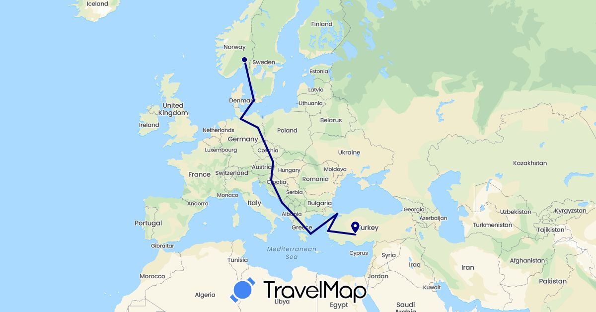 TravelMap itinerary: driving in Austria, Germany, Denmark, Greece, Croatia, Norway, Turkey (Asia, Europe)
